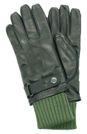 Shop Portolano Knit Cuff Leather Gloves In Black/fern