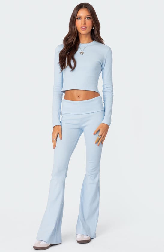 Shop Edikted Coffee Break Rib Flare Leggings In Light-blue