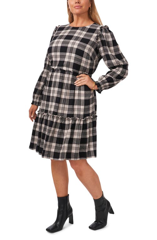 1.STATE Smock Detail Plaid Long Sleeve Minidress Rich Black at Nordstrom,