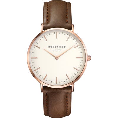 Rosefield Bowery Leather Strap Watch,