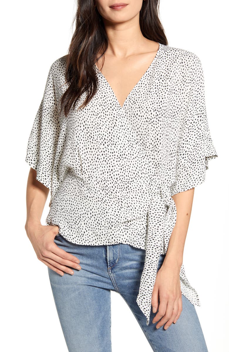 CHELSEA28 Wrap Front Blouse, Main, color, IVORY- BLACK BRUSH DOT