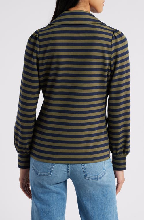 Shop Caslonr Caslon(r) Long Sleeve Johnny Collar Polo In Olive Burnt- Navy Charm Stripe