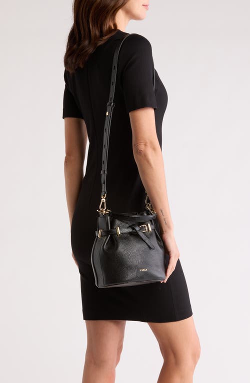 Furla Aura Mini Drawstring Leather Bucket Bag In Nero