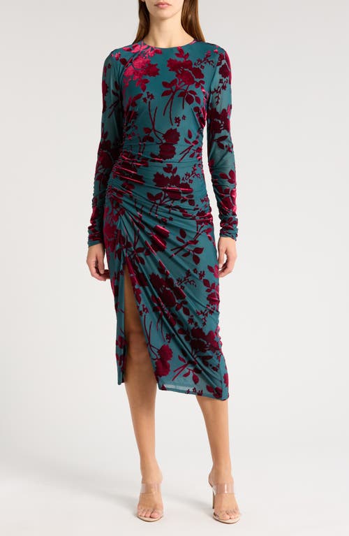 Sam Edelman Floral Burnout Velvet Long Sleeve Midi Dress in Peacock/Pink 