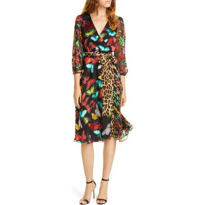 Alice + Olivia Jesse Pattern Mix Wrap Front Dress, Black