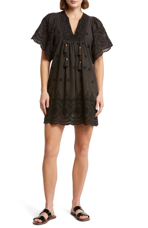 Broderie Anglaise Flutter Sleeve Cotton Cover-Up Dress in Black Eyelet