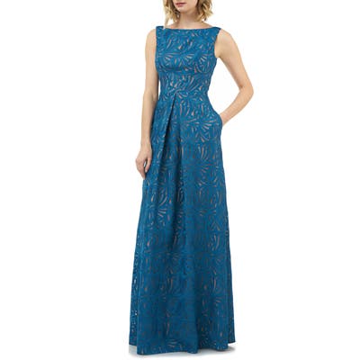 Kay Unger Mckenna Pleat Lace Gown, Blue