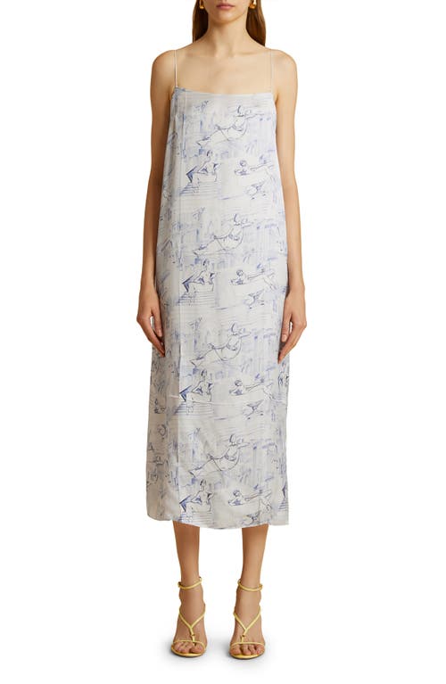 Shop Khaite Sicily Print Silk Charmeuse Midi Dress In Cream/blue