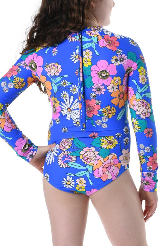 Shop Hobie Kids' Peace Floral Long Sleeve One-piece Rashguard In Sea Blue