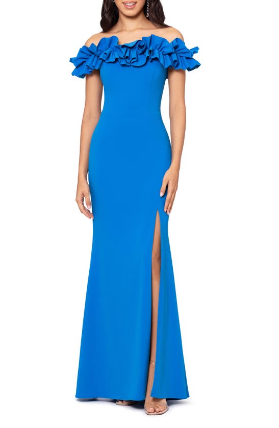 Shop Xscape Evenings Off The Shoulder Ruffle Crepe Trumpet Gown In Turquoise