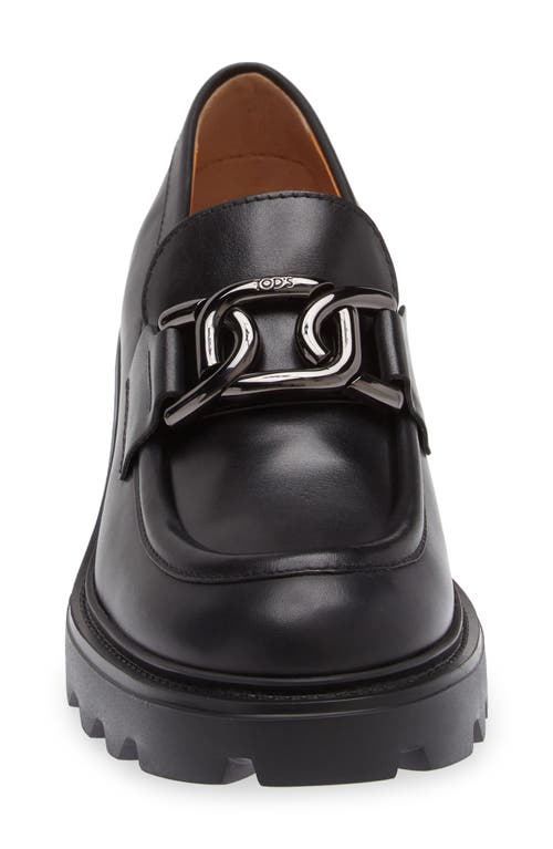 Tod's Lug Sole Loafers With Metal Chain Detail In Nero