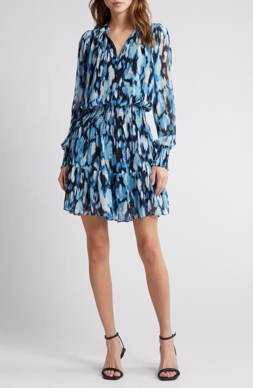 Floral Print Long Sleeve Chiffon Dress in Black- Blue Multi
