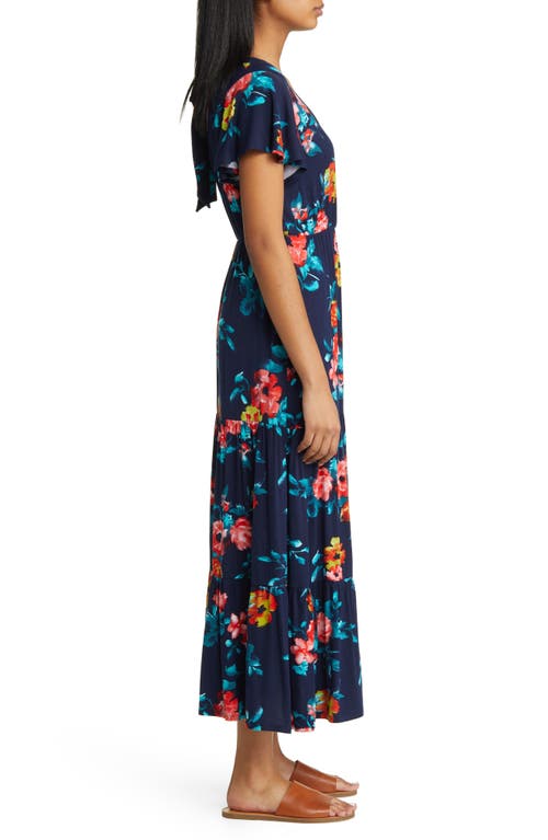 Loveappella Floral Tiered Faux Wrap Knit Maxi Dress In Navy/coral