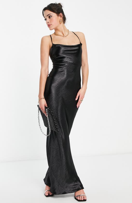 Asos Design Cami Maxi Slip Dress In High Shine Satin With Lace Up Back In Black-red In Black
