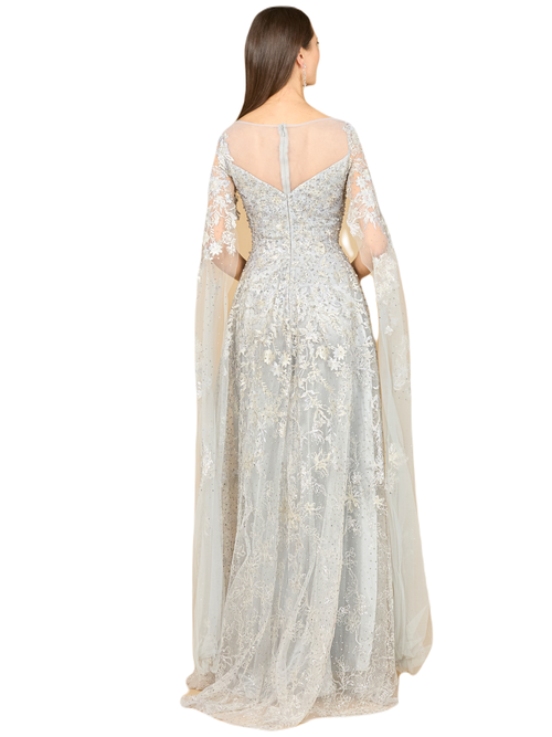 Lara New York Long Bell Sleeve V-neck Beaded Gown In Mist