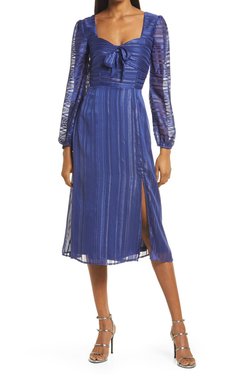 NSR Honore Metallic Thread Long Sleeve Midi Dress, Main, color, NAVY