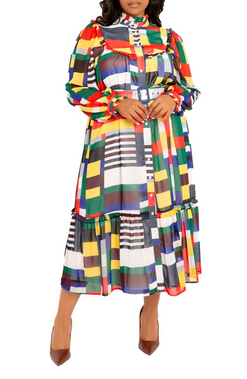 Shop Buxom Couture Plaid Ruffle Bib Belted Long Sleeve Maxi Dress In White/multi-color