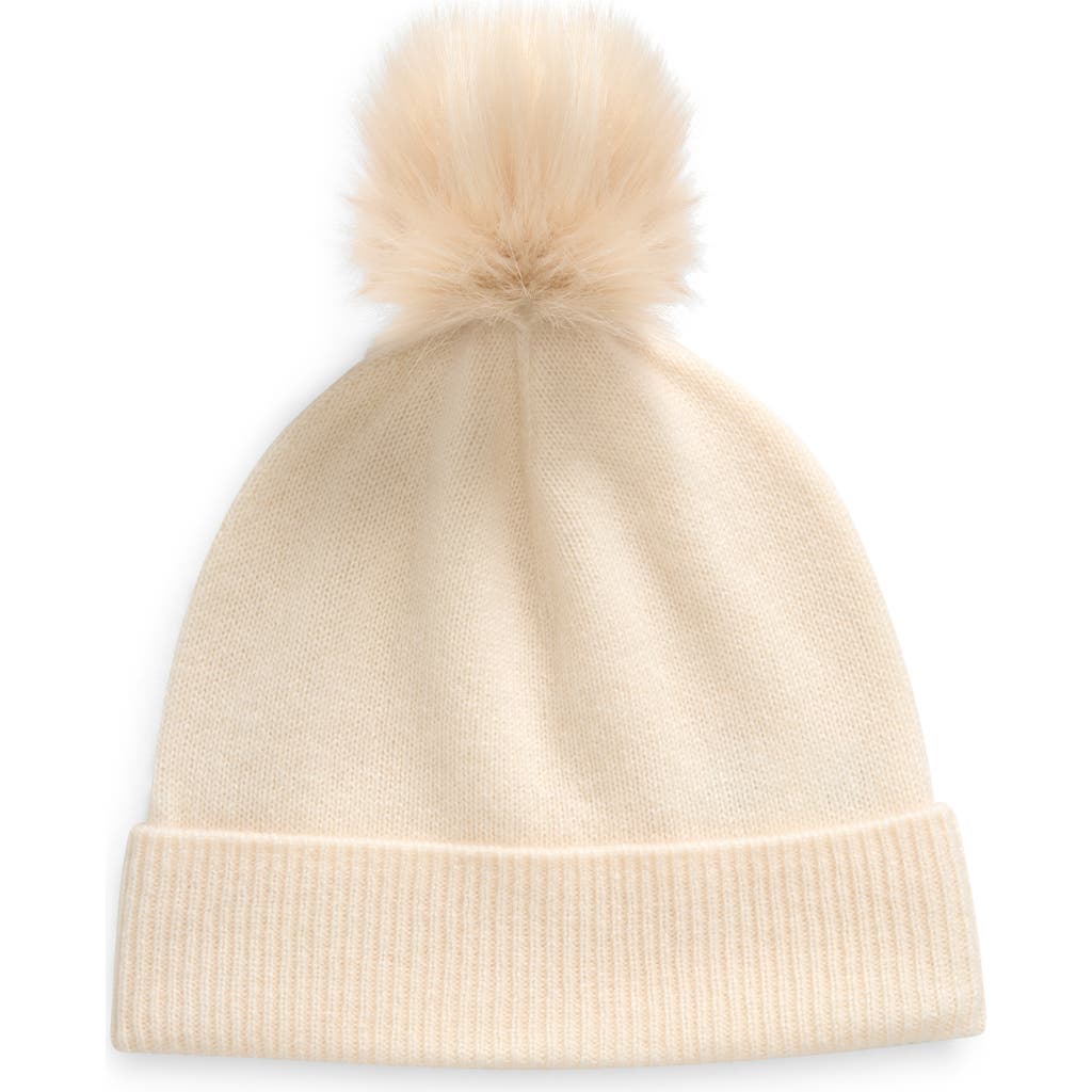 Nordstrom Rack Faux Fur Cashmere Pompom Beanie In Ivory Pristine