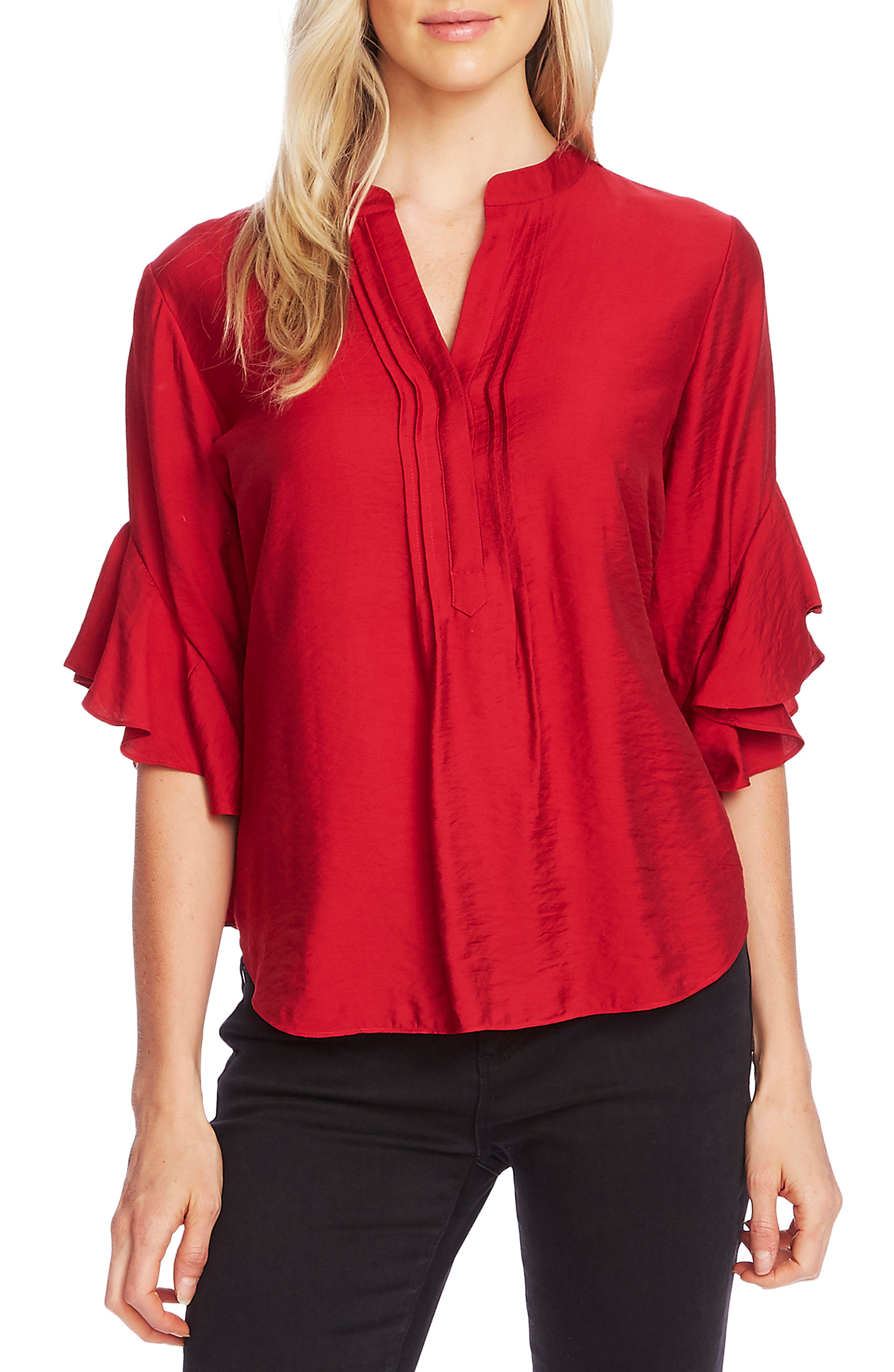 Vince Camuto Tops Pintuck Detail Flutter Sleeve Rumple Satin Blouse