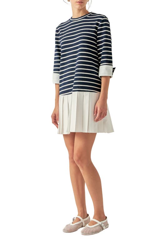 Shop English Factory Mix Media Stripe Pleated Minidress In Navy/white