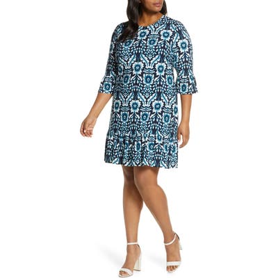 Plus Size Eliza J Floral Flounce Sleeve Dress, Blue