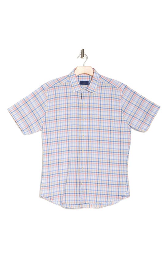 Shop David Donahue Herringbone Short Sleeve Linen & Cotton Button-up Shirt In Blue/ Melon