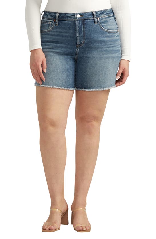 Shop Silver Jeans Co. Beau Frayed High Waist Denim Boyfriend Shorts In Indigo