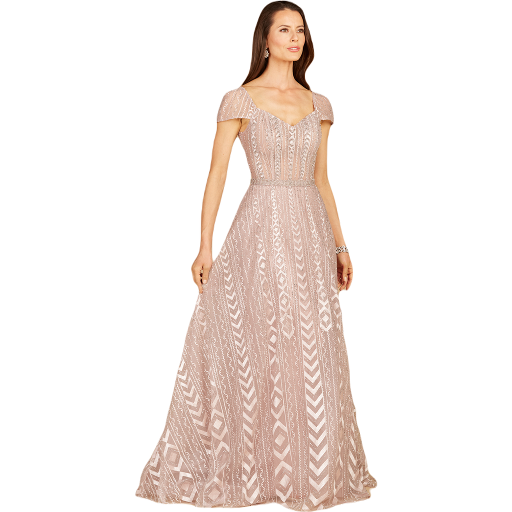 Lara New York Cap Sleeve Beaded Lace Ballgown In Antiquerose
