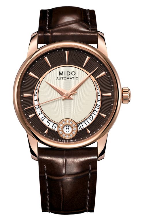 Shop Mido Baroncelli Automatic Diamond Leather Strap Watch, 33mm In Brown/rose Gold