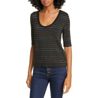 Veronica Beard Poppy U-Neck Metallic Stripe Tee, Metallic