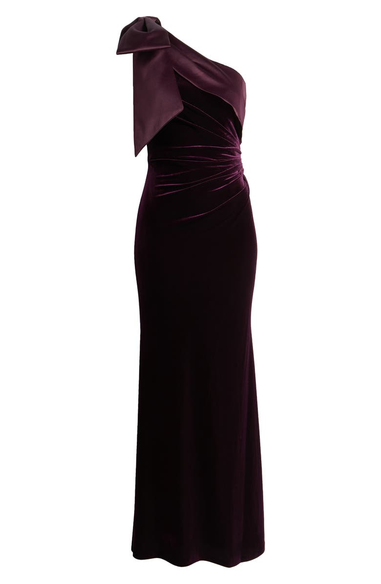 Eliza J One-Shoulder Bow Gown, Alternate, color, Aubergine