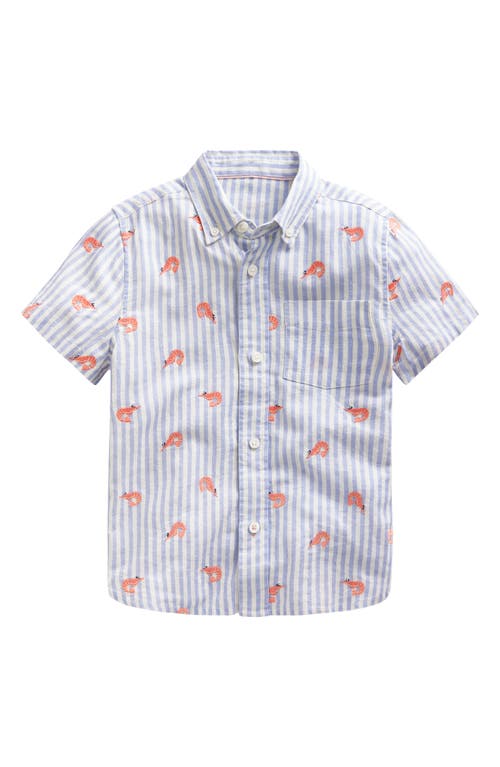 Mini Boden Kids' Stripe Prawn Embroidered Short Sleeve Linen & Cotton Button-Down Shirt Surf Blue Prawns at Nordstrom,