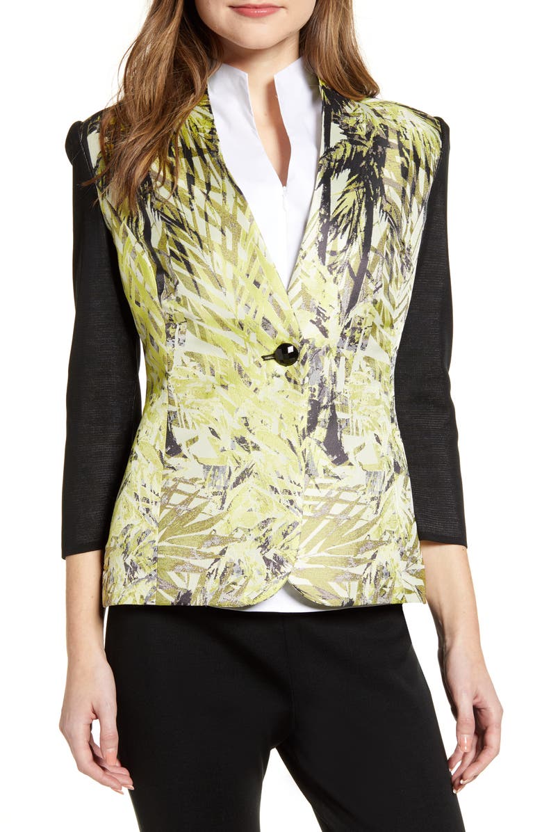 MING WANG Leaf Print Mixed Media Jacket, Main, color, BLACK/ MULTI