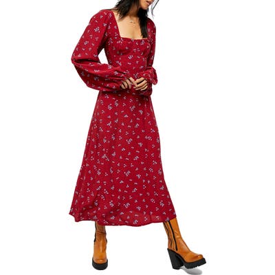 Free People Iris Floral Long Sleeve Midi Dress, Burgundy