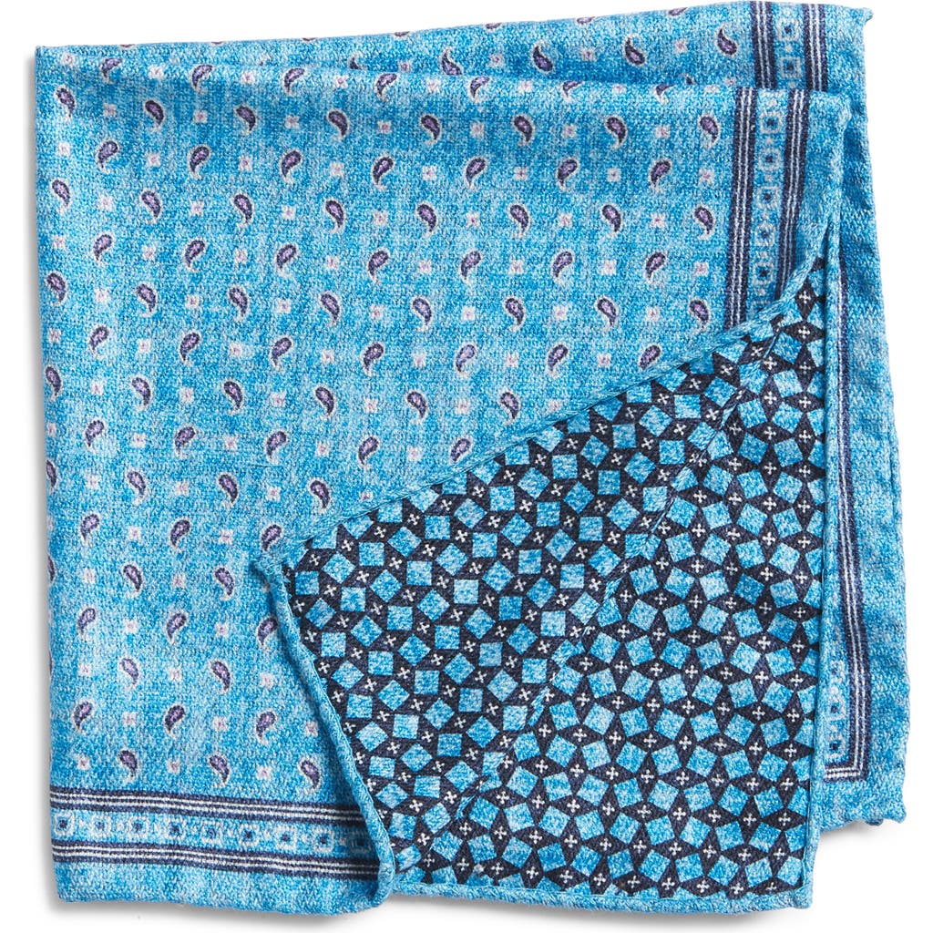 Edward Armah Mini Paisley & Squares Reversible Silk Pocket Square In Blue