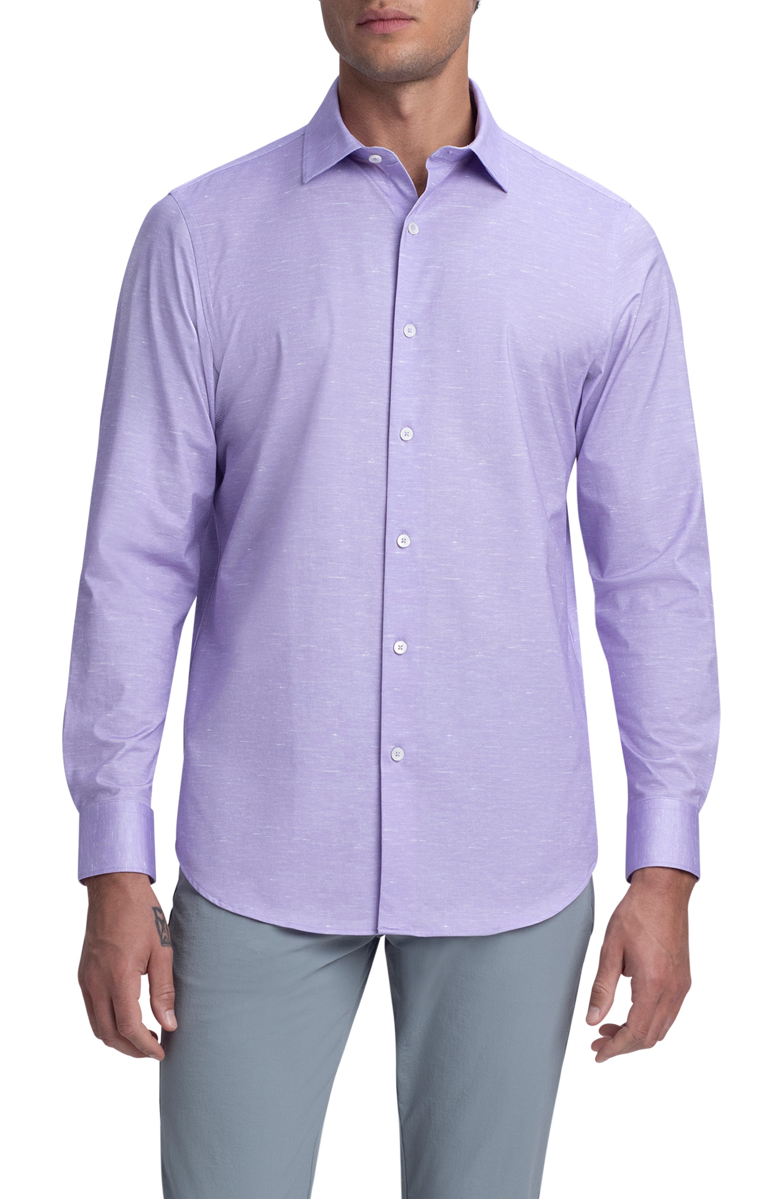 purple and white button up