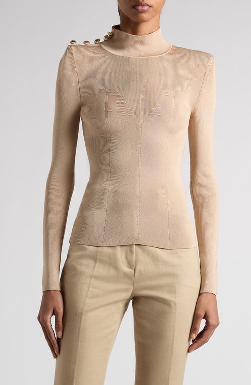 Tom Ford Button Shoulder Rib Turtleneck Top In Soft Beige