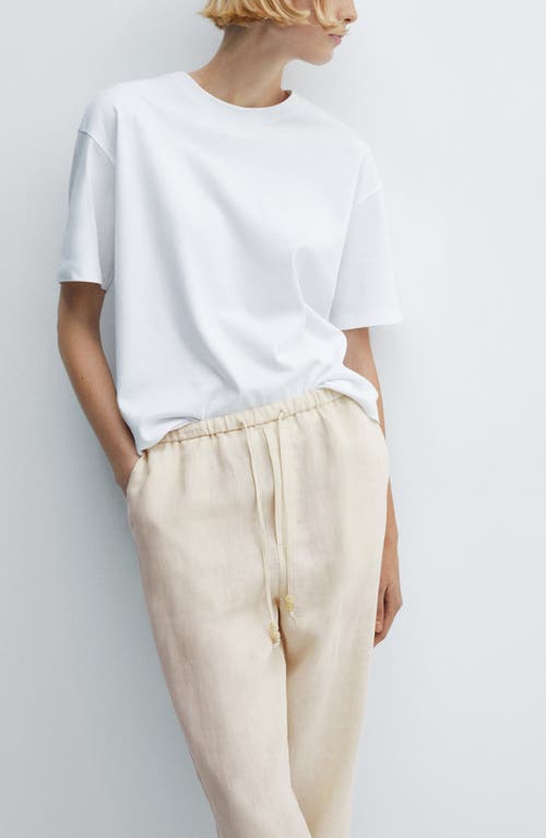 Shop Mango Elastic Waist Crop Straight Leg Linen Pants In Ecru