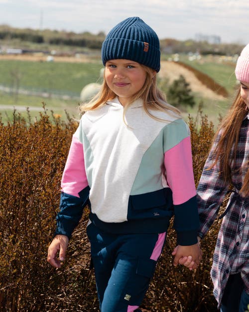 Shop Deux Par Deux Girl's Hooded Sweatshirt Colorblock Beige, Navy And Pink In Multicolor