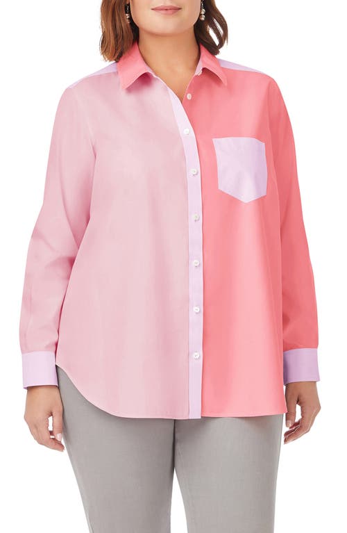 Foxcroft Colorblock Cotton Boyfriend Button-Up Shirt in Pink Peach at Nordstrom, Size 14W