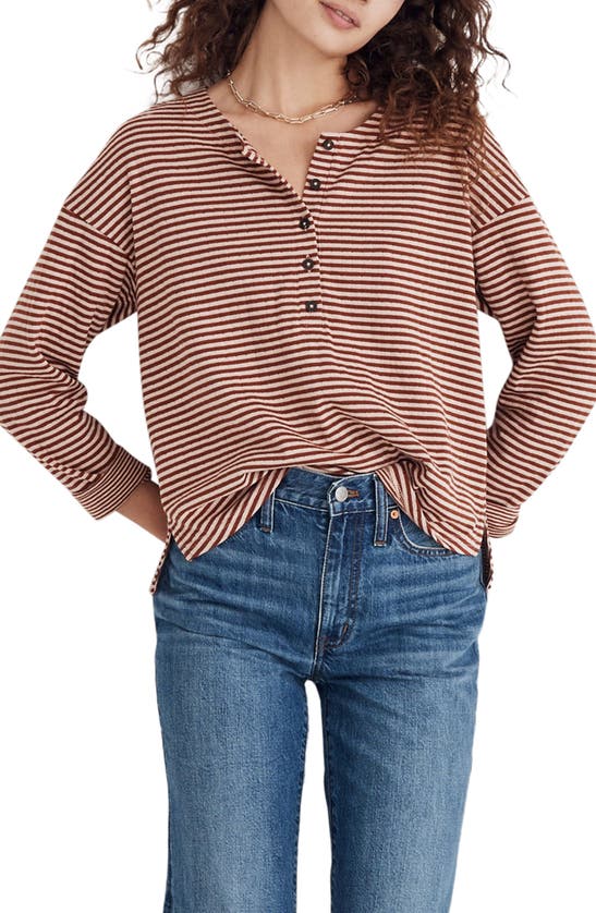 Madewell Stripe Double Face Henley T-shirt In Dusty Redwood/ Light Stone
