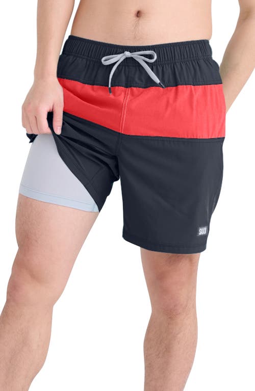 SAXX Oh Buoy Colorblock Volley Swim Trunks India Ink/Hibiscus at Nordstrom,