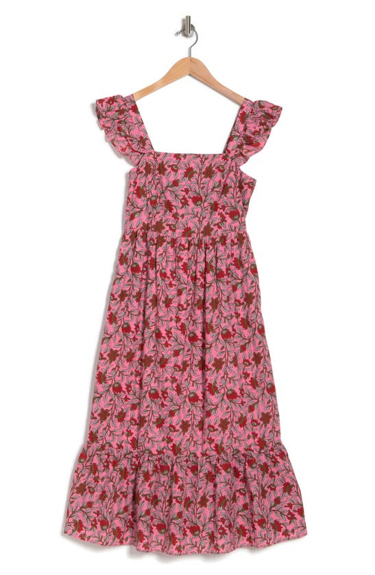 Maisie Flutter Sleeve Midi Dress In Pink/ Red