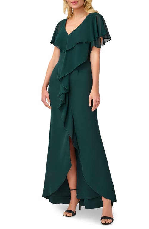 Adrianna Papell Chiffon Overlay Crepe Mermaid Gown in Hunter