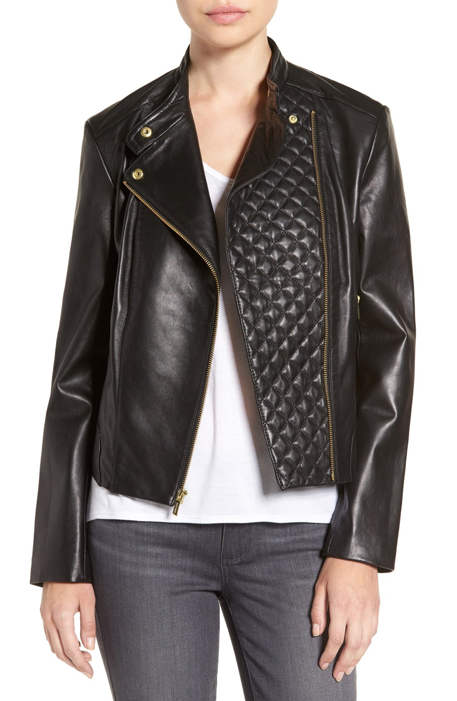 Cole Haan Leather Moto Jacket with Quilted Details Nordstrom
