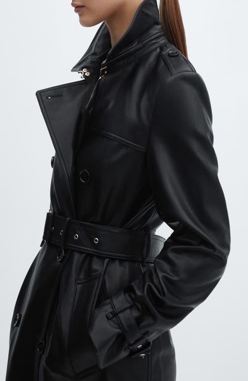 Mango Double Breasted Water Repellent Faux Leather Trench Coat In Black