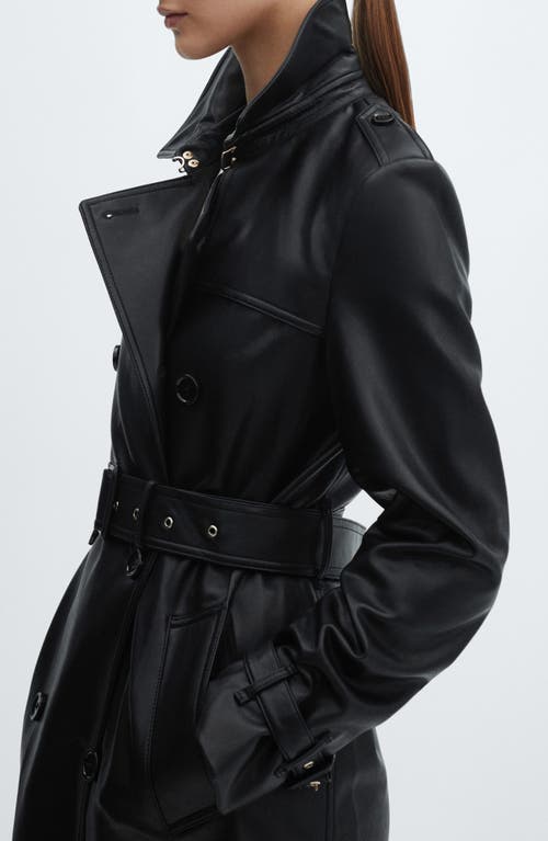 Shop Mango Double Breasted Water Repellent Faux Leather Trench Coat In Black