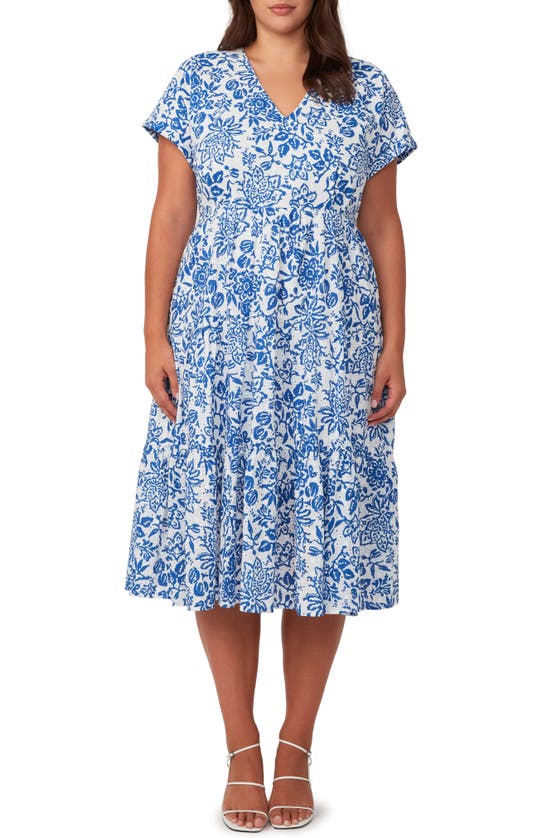 Estelle Cote Dazur Embroidered Midi Dress In Milk/ Azure