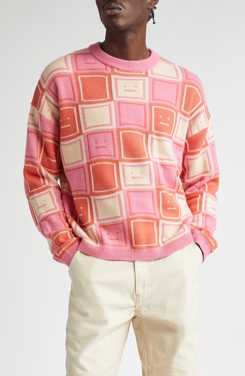 Acne Studios Face Jacquard Wool Blend Sweater Rusty Orange/Tango Pink at Nordstrom,