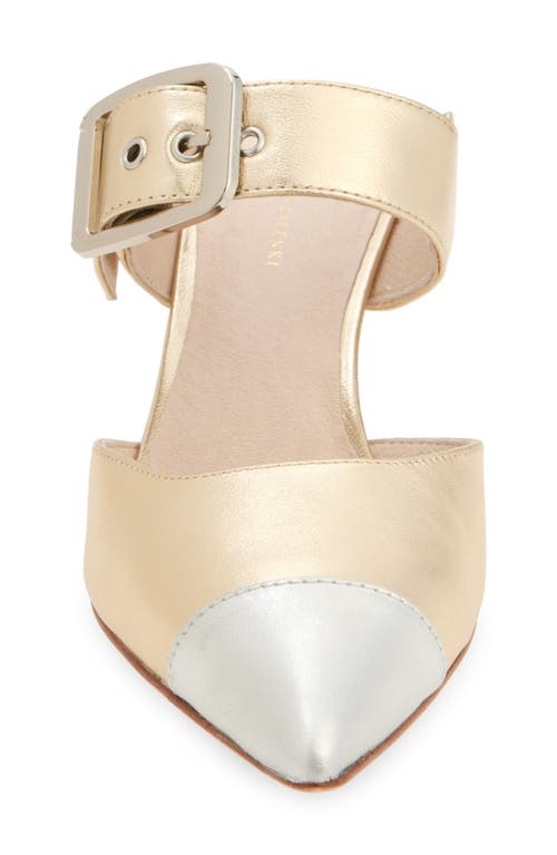 Shop Koko + Palenki Paloma Pointed Cap Toe Kitten Heel Mule In Gold Metallic Leather